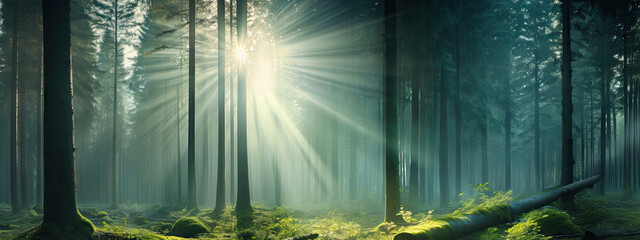 Sunlight shining through the trees created with Generative AI technology - obrazy, fototapety, plakaty