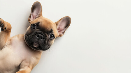 French bulldog puppy, laying on back with paws up, tan fawn color frenchie, looking at camera, shot...