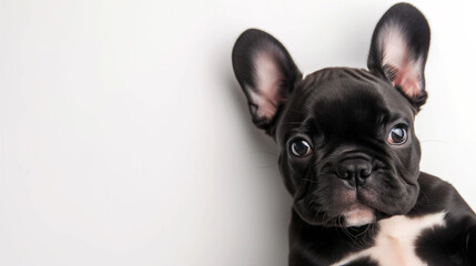Tiny black french bulldog puppy laying down, frenchie on white background , looking at camera, shot from above, room for type, pet care, puppy health, puppy litter, veterinary, snub-nosed, horizontal 