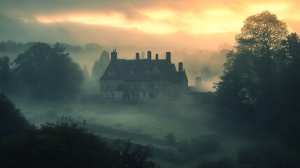 A Tudor manor bathed in the soft glow of dawn, its silhouette a silhouette against the misty morning sky, whispering tales of old.