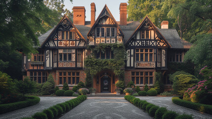 Fototapeta na wymiar A charming Tudor manor adorned with intricately carved gables, standing as a timeless symbol of refinement and grace.