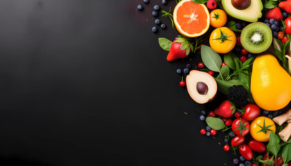 Obraz na płótnie Canvas Healthy food on dark background with copy space, flat lay, top view, banner