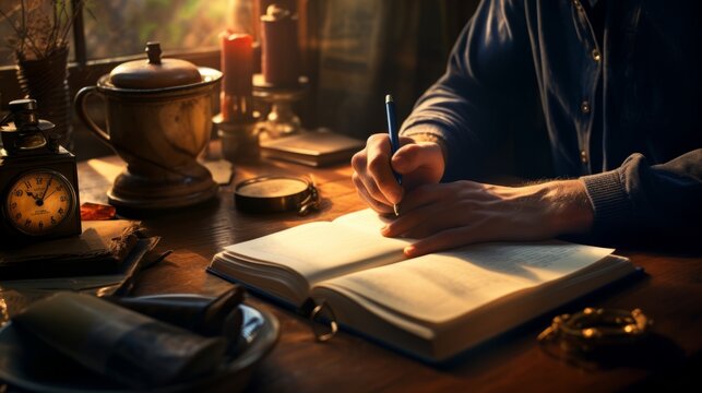 Authentic moment of a thoughtful man writing in his journal - royalty-free image for personal growth, reflection, and inspiration 