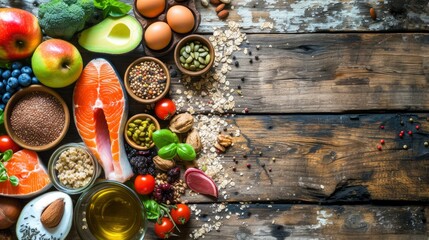 Selection of healthy food on rustic wooden background, realistic, HD, copy space - generative ai
