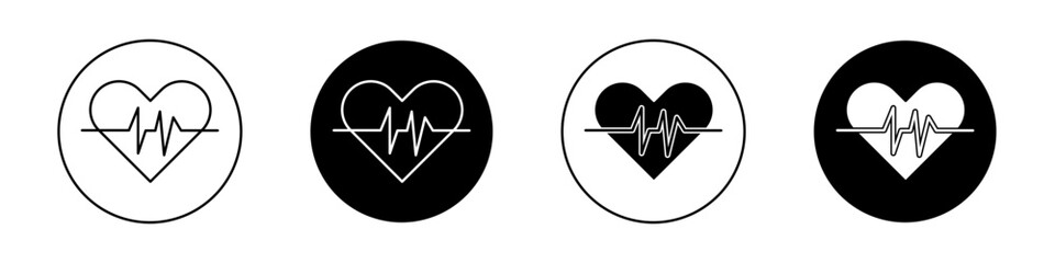 Heart Rate Pulse Icon Set. Blood Health and Beat Rate Vector symbol in a black filled and outlined style. Cardio Monitoring Sign