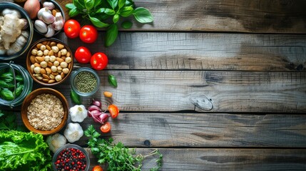Fototapeta na wymiar Selection of healthy food on rustic wooden background, realistic, HD, copy space - generative ai