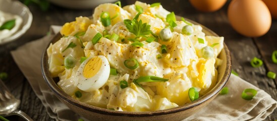 Copy-ready American potato salad with mustard and egg.