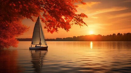 A sailboat on a calm lake. - obrazy, fototapety, plakaty