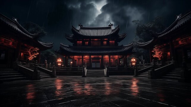 A Chinese temple lit by a dark landscape.