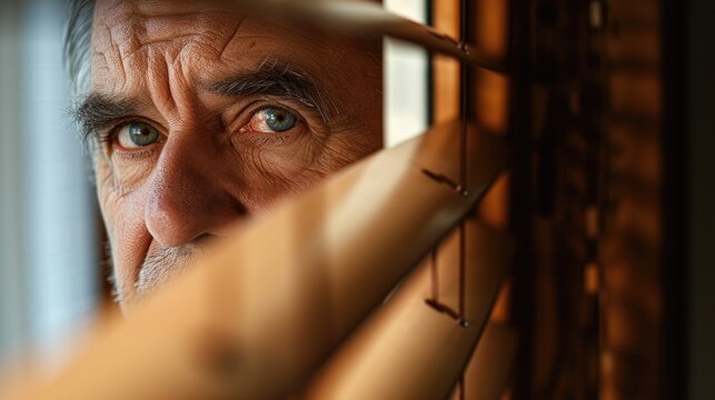 A middleaged man looks through his blinds checking to see whos outside before answering the door.