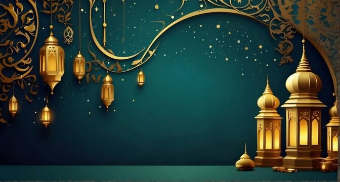3d lanterns on wood, Islamic backdrop, Ramadan Kareem. Generative AI