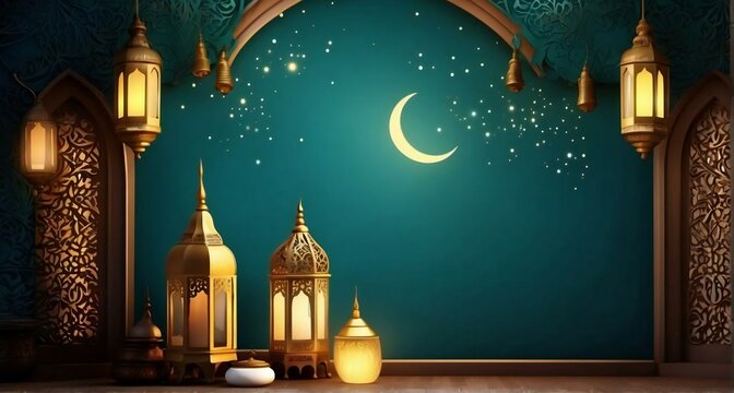 3d lanterns on wood, Islamic backdrop, Ramadan Kareem. Generative AI