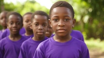 A group of young boys wearing purple shirts symbolizing their support for ending domestic violence.