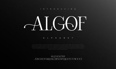 Algof premium luxury elegant alphabet letters and numbers. Elegant wedding typography classic serif font decorative vintage retro. Creative vector illustration
