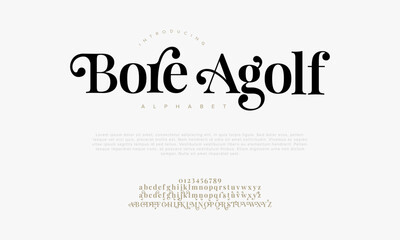Boreagolf premium luxury elegant alphabet letters and numbers. Elegant wedding typography classic serif font decorative vintage retro. Creative vector illustration
