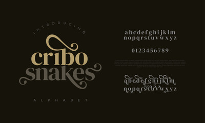 Cribosnakes premium luxury elegant alphabet letters and numbers. Elegant wedding typography classic serif font decorative vintage retro. Creative vector illustration
