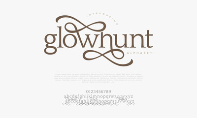 Glowhunt premium luxury elegant alphabet letters and numbers. Elegant wedding typography classic serif font decorative vintage retro. Creative vector illustration