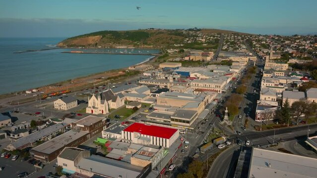 Aerial: Buildings in downtown Oamaru, Otago, New Zealand.