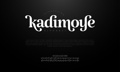 Kadimoye premium luxury elegant alphabet letters and numbers. Elegant wedding typography classic serif font decorative vintage retro. Creative vector illustration