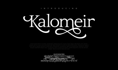 Kalomeir premium luxury elegant alphabet letters and numbers. Elegant wedding typography classic serif font decorative vintage retro. Creative vector illustration