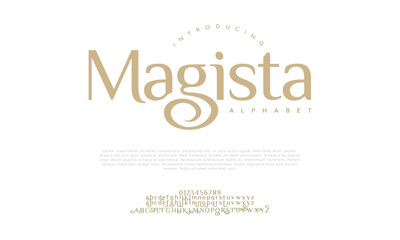Magisita premium luxury elegant alphabet letters and numbers. Elegant wedding typography classic serif font decorative vintage retro. Creative vector illustration