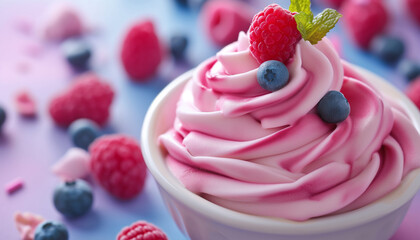 Delicious frozen yogurt topped with fresh berries for refreshing dessert - obrazy, fototapety, plakaty