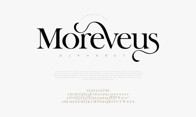 Morveus premium luxury elegant alphabet letters and numbers. Elegant wedding typography classic serif font decorative vintage retro. Creative vector illustration