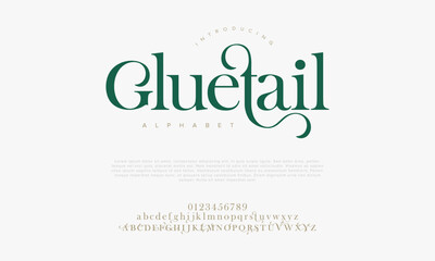 Gluetail premium luxury elegant alphabet letters and numbers. Elegant wedding typography classic serif font decorative vintage retro. Creative vector illustration