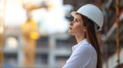 Female project manager supervising construction site with blurred background - obrazy, fototapety, plakaty
