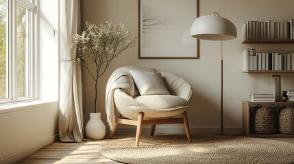 Scandinavian style reading nook with a comfortable armchair and a floor lamp