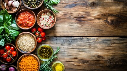 Selection of healthy food on rustic wooden background, realistic, HD, copy space - generative ai - obrazy, fototapety, plakaty