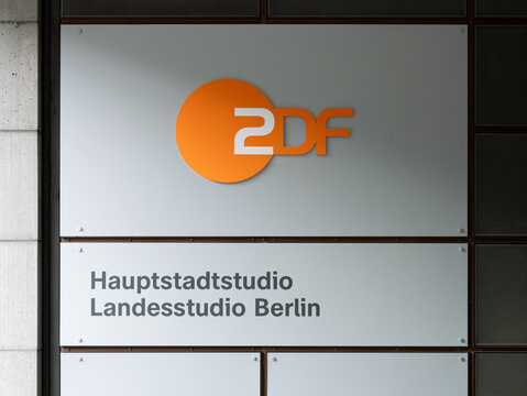 BERLIN, GERMANY - 7. February 2024: ZDF Hauptstadtstudio (studio) logo sign on the building entrance. The public broadcast service produces television shows and news formats.