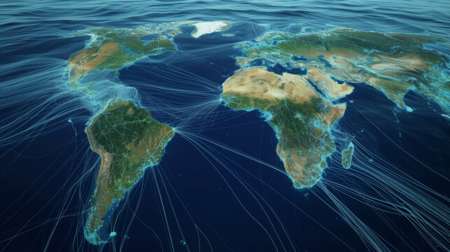 A map of global shipping routes highlighting the potential pathways for invasive species to be transported via ballast water discharge.
