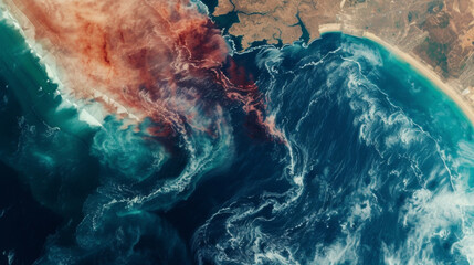 A satellite image shows changing sea surface temperatures a key indicator of climate change and its potential impact on grain shipping routes. - obrazy, fototapety, plakaty