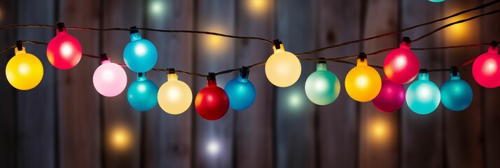 Colorful hanging string of lights adorned with multicolored balls.