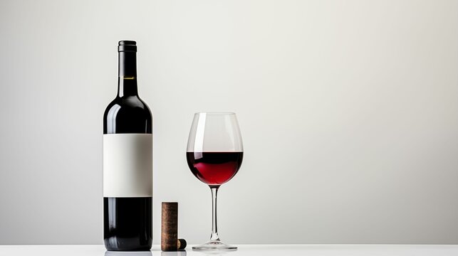 Bottle and a glass of red wine on a white background.