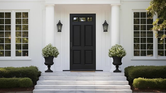 Black front door of a pristine white house.