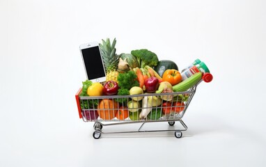 A miniature shopping cart filled with fresh produce and a smartphone.