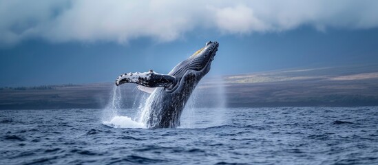 Fototapeta premium Hawaiian morning light showcases a breaching humpback whale in Maui.