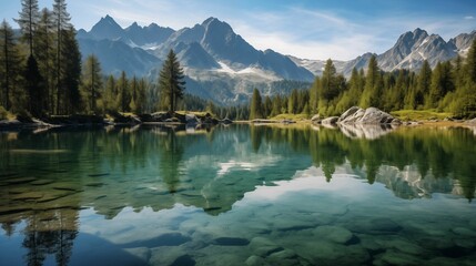 Crystal-clear lake nestled in the midst of towering mountains.
