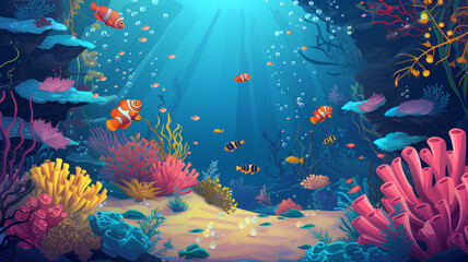 Fototapeta na wymiar Vibrant underwater seascape illustration with diverse coral species and playful tropical fish in a sunlit ocean. 