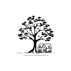 Obraz premium House Tree and Sun Illustration Simple Logo