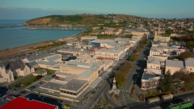 Aerial: Buildings in downtown Oamaru, Otago, New Zealand.