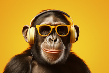 A chimpanzee dons sunglasses, embodying a quirky sense of fun. AI Generative.