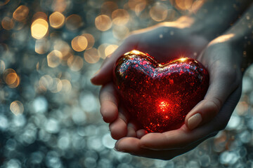 Female hands holding a glowing glass heart on a silver background