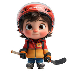 A 3D animated cartoon render of a happy child with an ice hockey stick and helmet. Created with generative AI.