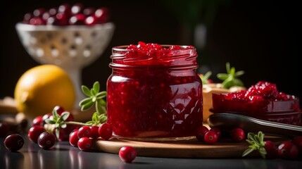 Glass jar filled with vibrant cranberry sauce.
