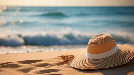 Fototapeta na wymiar Hat placed on the sandy beach.
