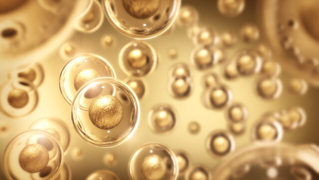 Gold Molecule or atom inside Liquid Bubble, Skincare Cosmetics background concept, 3D rendering.