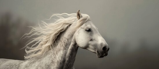 A photograph of a gray Welsh pony with a lengthy mane.